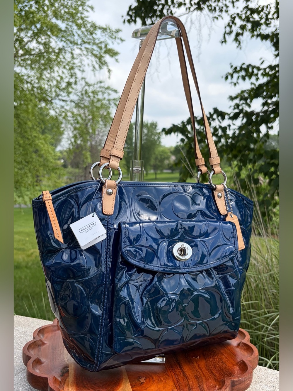Coach Signature Embossed Leah Navy Patent Leather Tote F14663